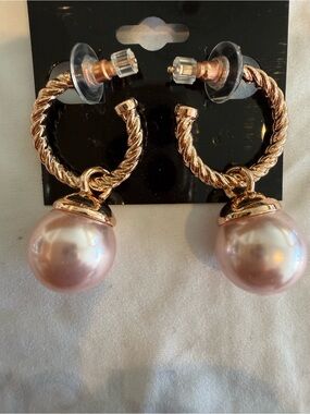 Off Park Rose Gold Hoop Earrings Pink Faux Pearl Removable Drop 2-in-1 Statement